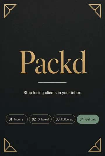Packd poster: Stop losing clients in your inbox. Steps 01 Inquiry, 02 Onboard, 03 Follow up, 04 Get paid
